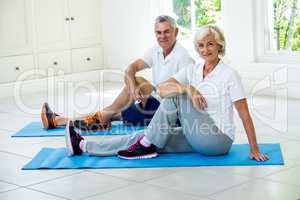 Portrait of senior couple exercising on mat