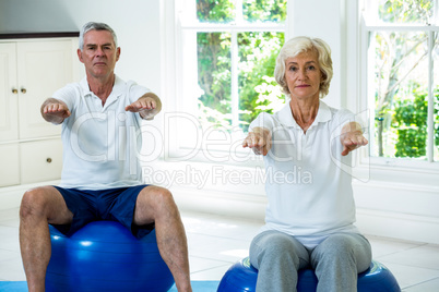 Portrait of senior couple exercising on ball