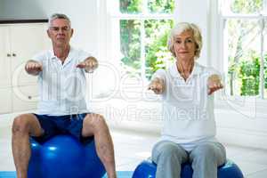 Portrait of senior couple exercising on ball