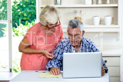 Wife discussing with senior man on laptop at table