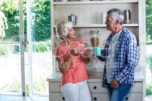 Happy senior couple having coffee at home