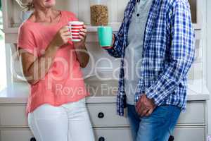 Senior couple having coffee in kitchen at home