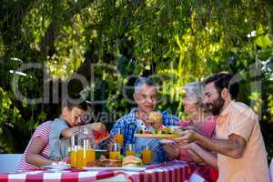 Happy family enjoying while having food in yard