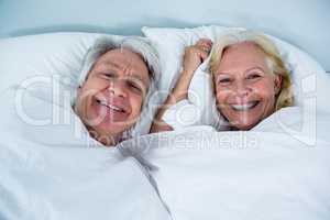 Portrait of cheerful senior couple sleeping on bed