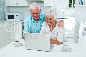 Smiling senior couple looking into laptop