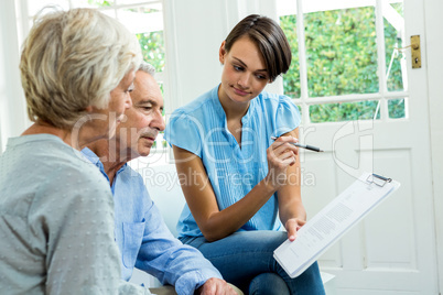 Senior couple reading report with female consultant