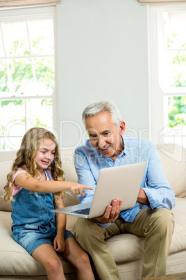 Girl pointing at laptop while sitting with granddad
