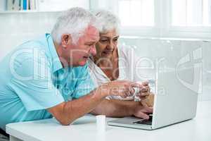 Senior couple with bottles while using laptop