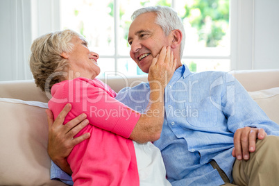 Romantic senior couple sitting on sofa