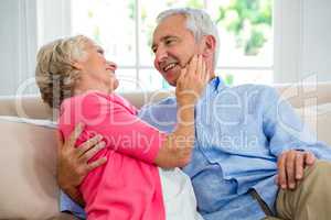 Romantic senior couple sitting on sofa