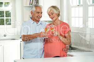 Happy retired couple toasting white wine