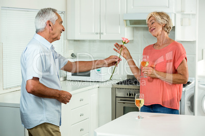 Happy senior man giving rose to woman