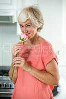 Portrait of smiling woman smelling rose