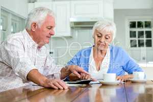 Senior couple with documents while sitting at table