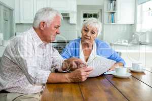 Retired couple discussing with documents
