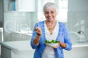 Portrait of happy senior woman holding bowl of salad