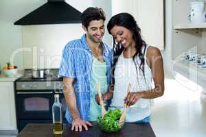 Smiling couple mixing salad in kitchen