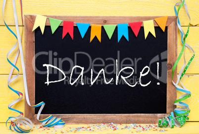Chalkboard With Party Decoration, Text Danke Means Thank You