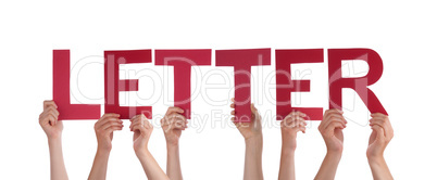 Many People Hands Holding Red Straight Word Letter