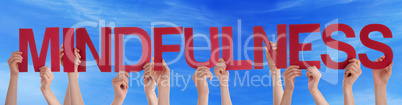 Many People Hands Holding Red Straight Word Mindfulness Blue Sky