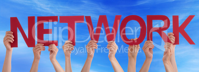 Many People Hands Holding Red Straight Word Network Blue Sky