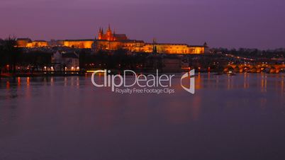 Timelapsed Wide Static Shot of the Vltava River and Prague Castle at Dusk