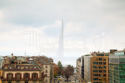 Geneva cityscape overview with the Water Fountain (Jet d'Eau)