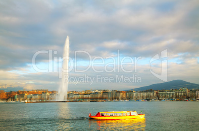 Geneva cityscape overview with the Water Fountain (Jet d'Eau)