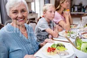 Portrait of senior woman having meal with her family