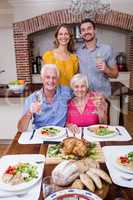 Portrait of a two generation family holding a wine glass at tabl