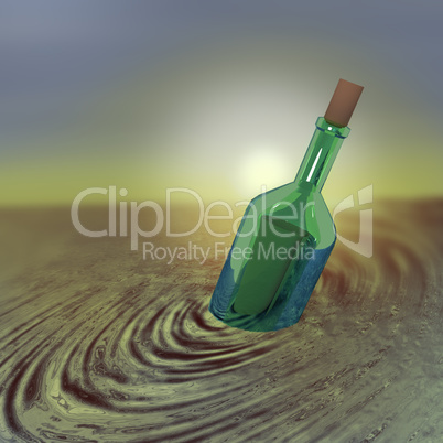 Bottle with letter swims in the sea, 3D-illustration