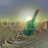 Bottle with letter swims in the sea, 3D-illustration