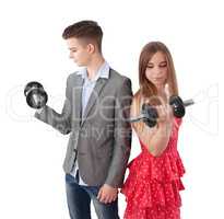 boy and girl with dumbbell