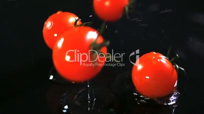 Slow motion of tomatoes falling with water drops on black surface.