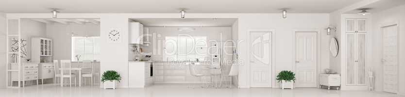 Modern interior of white apartment panorama 3d rendering