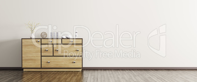 Modern interior with wooden dresser panorama 3d rendering