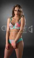 On model is sexy lingerie set pink and blue colors