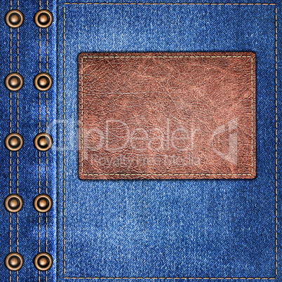 background simple denim with leather label close-up