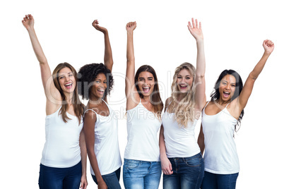 Multiethnic women standing with hand raised