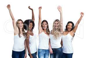 Multiethnic women standing with hand raised