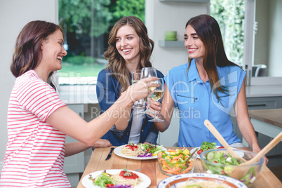 Friends toasting glass of wine while having meal