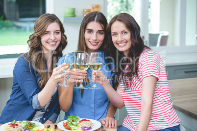 Friends toasting glass of wine while having meal