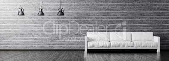 Interior of living room with sofa and lamps panorama 3d renderin