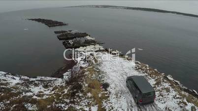 Aerial shot of minivan in Rabocheostrovsk, Karelia