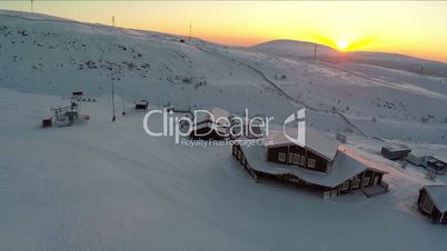 Aerial view of ski resort at sunset
