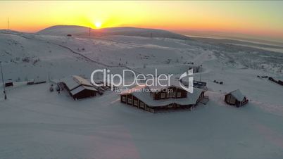 Winter recreation centre at sunset, aerial view
