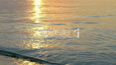 Quiet sea waves washing shore at sunset