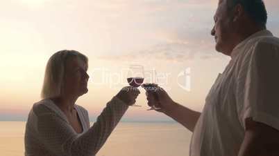 Mature sweethearts enjoying sea view and wine