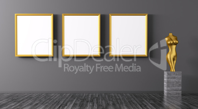 Three golden frames and statuette interior background 3d renderi