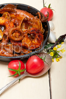 fresh seafoos stew on an iron skillet